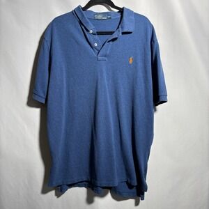VTG Polo Ralph Lauren Mens XXL Blue Short Sleeve Cotton Polo Shirt Orange Pony
